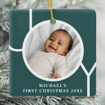 Custom Baby Boy's First Christmas Photo Green Ceramic Ornament<br><div class="desc">This stylish Baby Boy's First Christmas Photo Ornament is decorated with the word JOY on a dark green background.
Easily customisable with your photo,  name,  and year.</div>