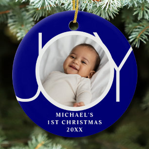 Custom Baby Boy's First Christmas Photo Joy Blue Ceramic Tree Decoration