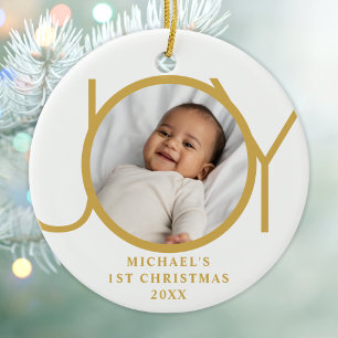 Custom Baby Boy's First Christmas Photo Joy Gold Ceramic Tree Decoration