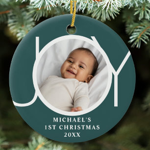 Custom Baby Boy's First Christmas Photo Joy Green Ceramic Tree Decoration
