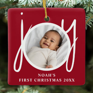 Custom Baby Boy's First Christmas Photo Red Ceramic Ornament