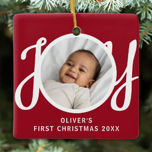 Custom Baby Boy's First Christmas Photo Red Ceramic Ornament
