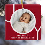 Custom Baby Boy's First Christmas Photo Red Ceramic Ornament<br><div class="desc">This stylish Baby Boy's First Christmas Photo Ornament is decorated with the word JOY on a maroon red background.
Easily customisable with your photo,  name,  and year.</div>