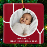 Custom Baby Boy's First Christmas Photo Red Ceramic Ornament<br><div class="desc">This stylish Baby Boy's First Christmas Photo Ornament is decorated with the word JOY on a maroon red background.
Easily customisable with your photo,  name,  and year.</div>