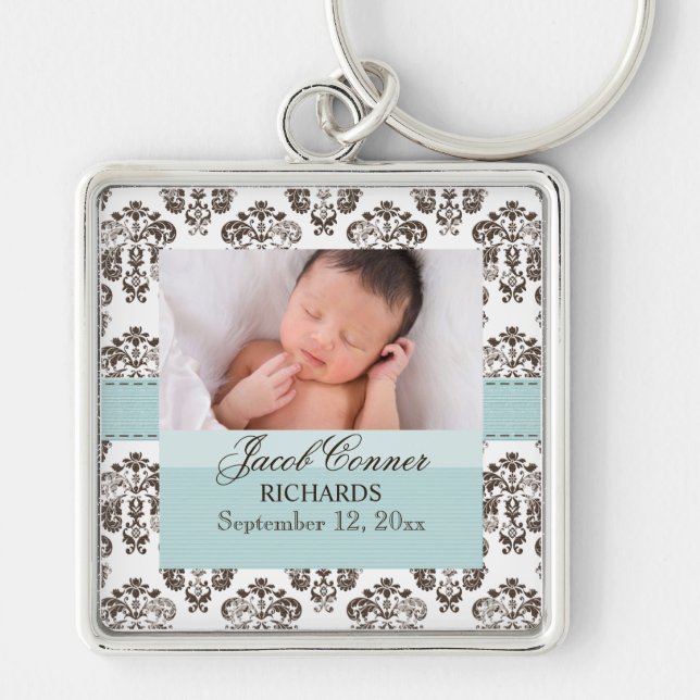 Custom Baby Damask Photo Keychain Blue and Brown (Front)