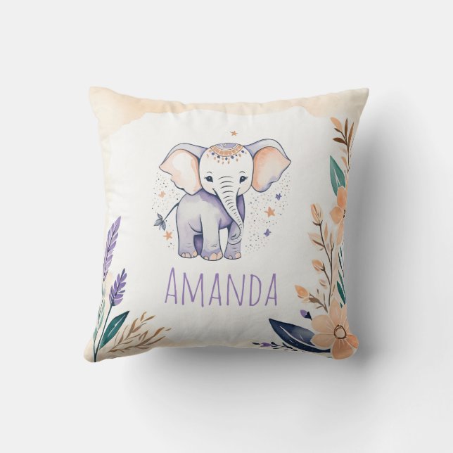 Custom Baby Elephant Pillow Boho Floral Design -  (Back)
