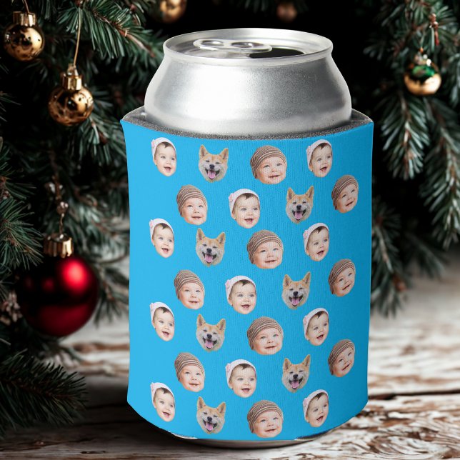 Custom Baby Face, Custom Family 3 Photos Blue Can Cooler (Creator Uploaded)