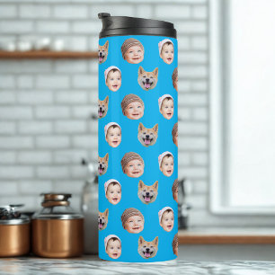 Custom Baby Face, Custom Family 3 Photos Blue Thermal Tumbler