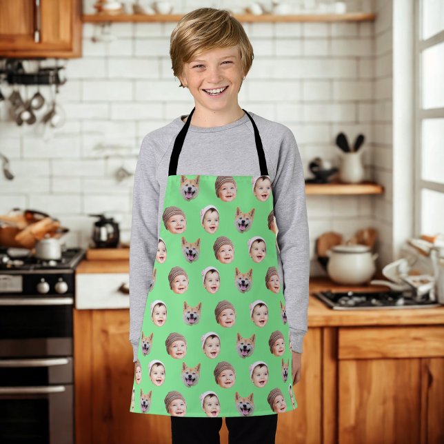 Custom Baby Face, Custom Family 3 Photos Green Apron (Creator Uploaded)