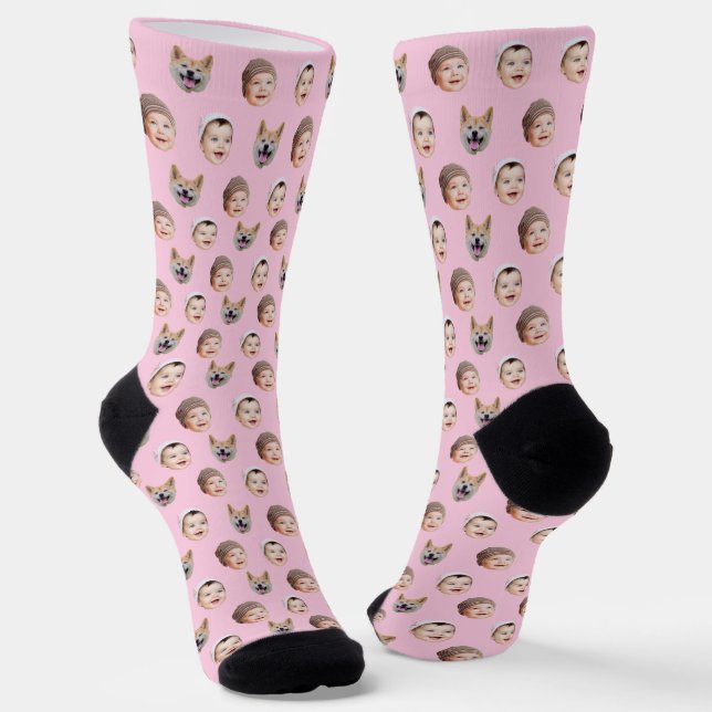 Custom Baby Face, Custom Family 3 Photos Pink Socks (Angled)