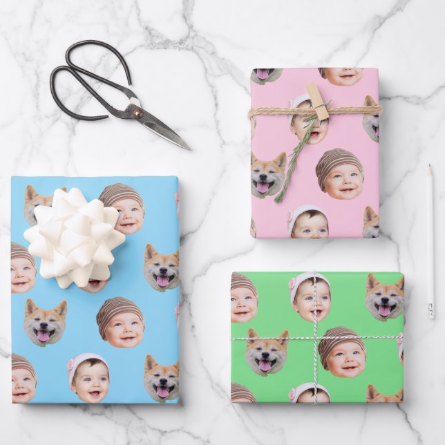 Custom Baby Face, Custom Family 3 Photos Wrapping Paper Sheet (Front)