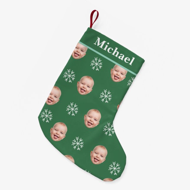 Custom Baby Face & Name Green Snowflake Small Christmas Stocking (Front (Hanging))