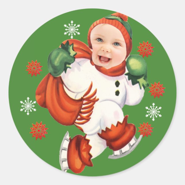 Custom Baby Face Photo Chubby Santa Snowflakes Classic Round Sticker (Front)