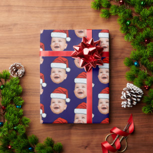 Custom Baby Face Photo Santa Hat Christmas Blue Wrapping Paper