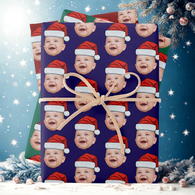 Custom Baby Face Photo Santa Hat Christmas Blue Wrapping Paper Sheet (Creator Uploaded)