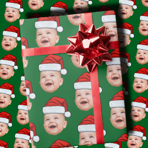 Custom Baby Face Photo Santa Hat Christmas Green Wrapping Paper