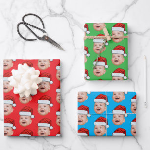 Custom Baby Face Photo Santa Hat Christmas Green Wrapping Paper Sheet
