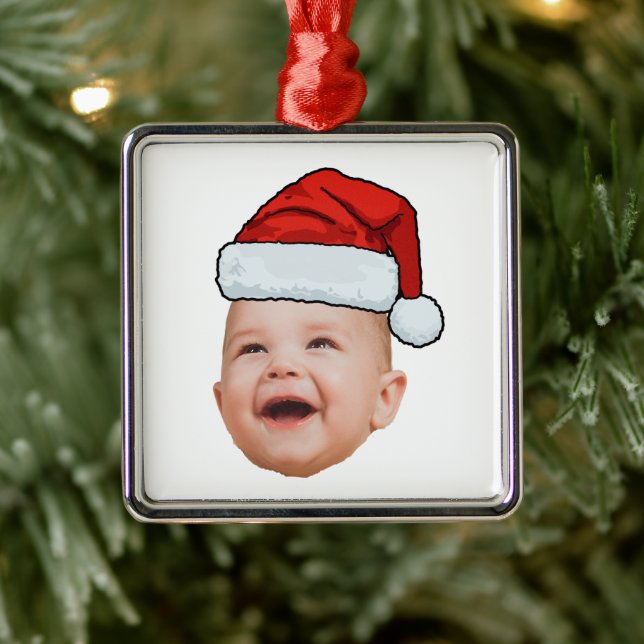 Custom Baby Face Photo Santa Hat Christmas Metal Tree Decoration (Tree)