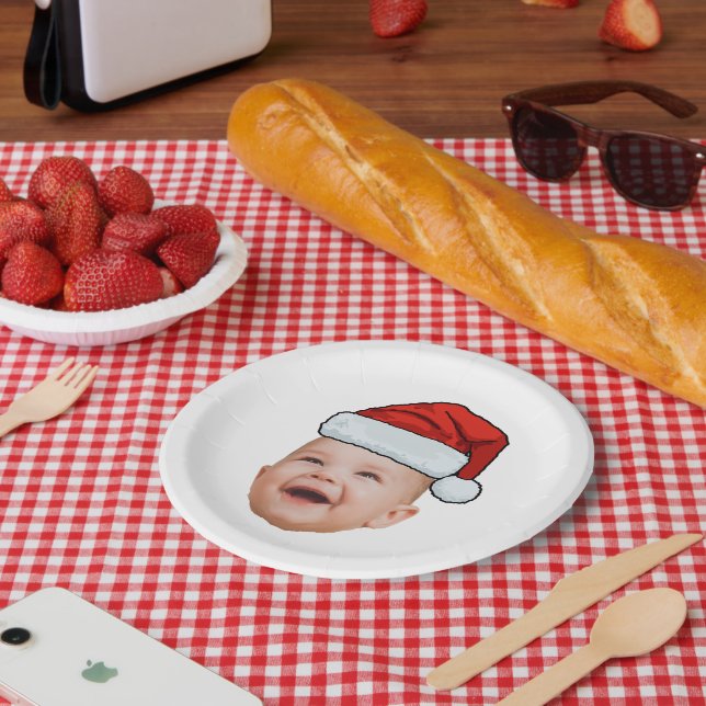 Custom Baby Face Photo Santa Hat Christmas Paper Plate (Picnic)
