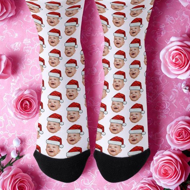 Custom Baby Face Photo Santa Hat Christmas Socks (Creator Uploaded)