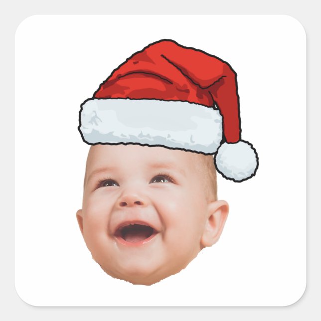 Custom Baby Face Photo Santa Hat Christmas Square Sticker (Front)