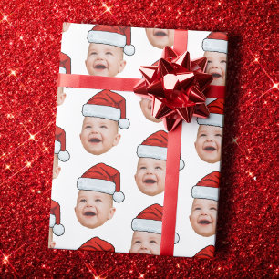 Custom Baby Face Photo Santa Hat Christmas White Wrapping Paper