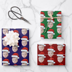 Custom Baby Face Photo Santa Hat Christmas Wrapping Paper Sheet