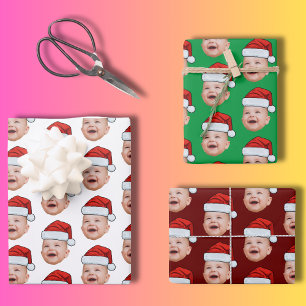 Custom Baby Face Photo Santa Hat Christmas Wrapping Paper Sheet