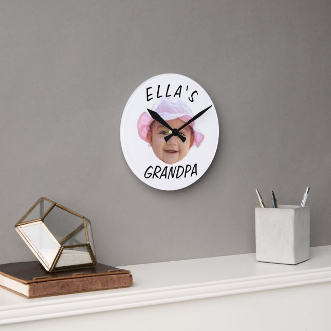 Custom Baby Face Photo Text Grandpa Round Clock (Office)