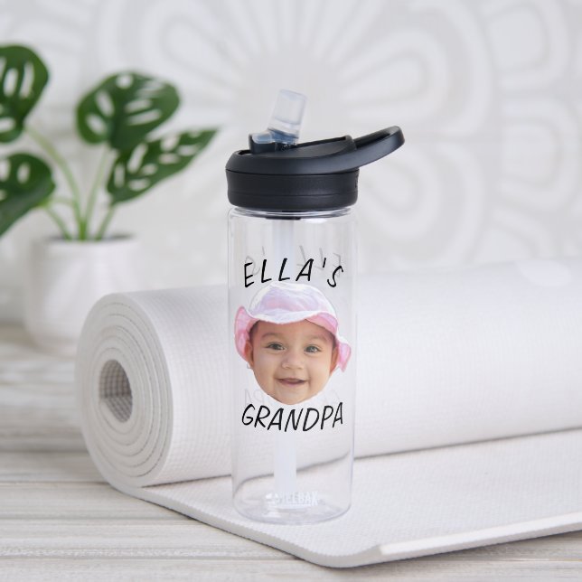 Custom Baby Face Photo Text Grandpa Water Bottle (Yoga (Rotated))