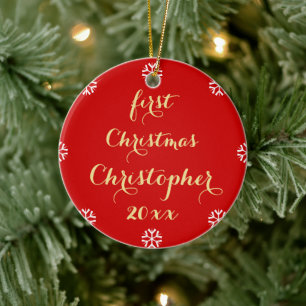 Custom Baby First Christmas Faux Gold Script Name Ceramic Tree Decoration
