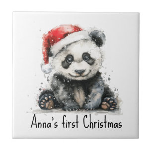 Custom Baby First Christmas Watercolor Panda Santa Tile