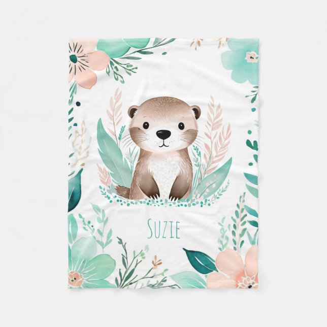 Custom Baby Fleece Blanket Boho Otter Design (Front)