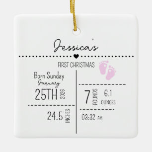 Custom Baby Girl Birth Stats Photo Keepsake Ceramic Ornament