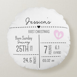 Custom Baby Girl Birth Stats Photo Keepsake  Round Cushion