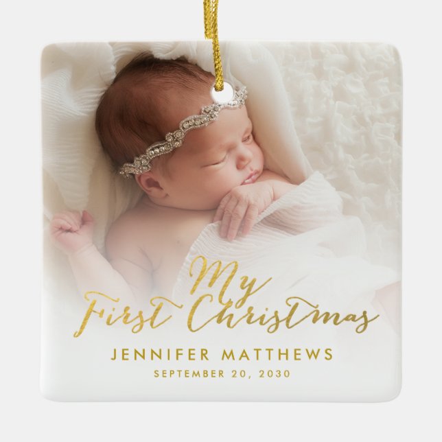Custom Baby Girl Gold Script First Christmas Photo Ceramic Ornament (Front)