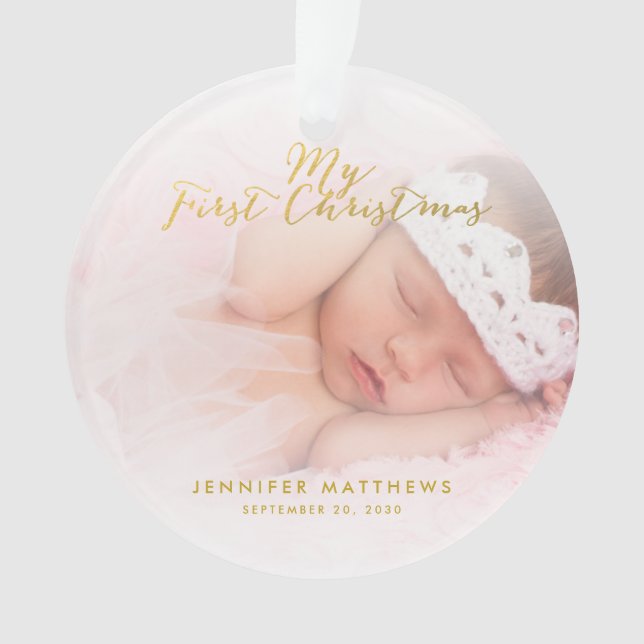 Custom Baby Girl Gold Script First Christmas Photo Ornament (Front)