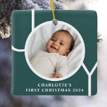 Custom Baby Girl's First Christmas Photo Green Ceramic Ornament<br><div class="desc">This stylish Baby Girl's First Christmas Photo Ornament is decorated with the word JOY on a dark green background.
Easily customisable with your photo,  name,  and year.</div>