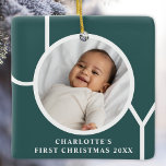 Custom Baby Girl's First Christmas Photo Green Ceramic Ornament<br><div class="desc">This stylish Baby Girl's First Christmas Photo Ornament is decorated with the word JOY on a dark green background.
Easily customisable with your photo,  name,  and year.</div>