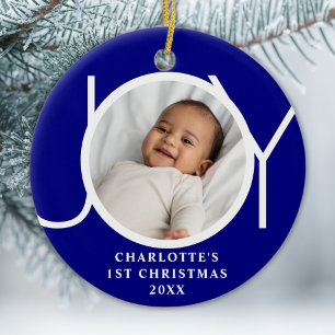 Custom Baby Girl's First Christmas Photo Joy Blue Ceramic Tree Decoration