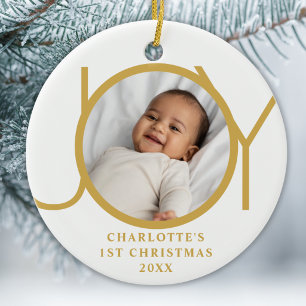 Custom Baby Girl's First Christmas Photo Joy Gold Ceramic Tree Decoration