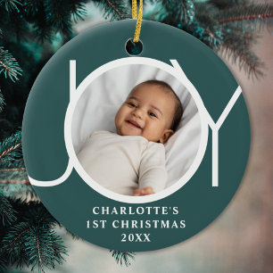 Custom Baby Girl's First Christmas Photo Joy Green Ceramic Tree Decoration