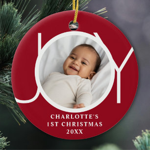 Custom Baby Girl's First Christmas Photo Joy Red Ceramic Tree Decoration