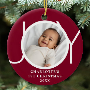 Custom Baby Girl's First Christmas Photo Maroon Ceramic Tree Decoration