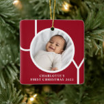 Custom Baby Girl's First Christmas Photo Red Ceramic Ornament<br><div class="desc">This stylish Baby Girl's First Christmas Photo Ornament is decorated with the word JOY on a maroon red background.
Easily customisable with your photo,  name,  and year.</div>
