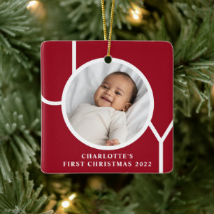 Custom Baby Girl's First Christmas Photo Red Ceramic Ornament