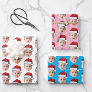 Custom Baby Head Face Photo Santa Hat Christmas Wrapping Paper Sheet