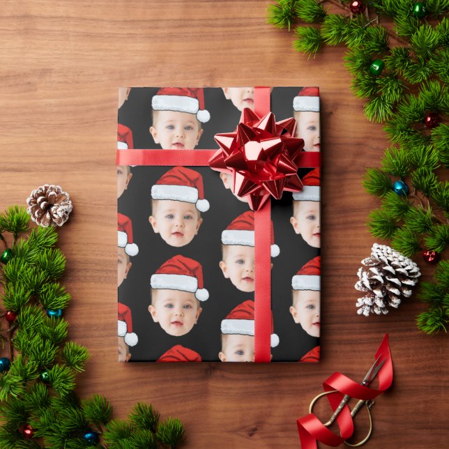Custom Baby Head Face Photo Santa Hat Xmas Black Wrapping Paper (Holiday Gift)