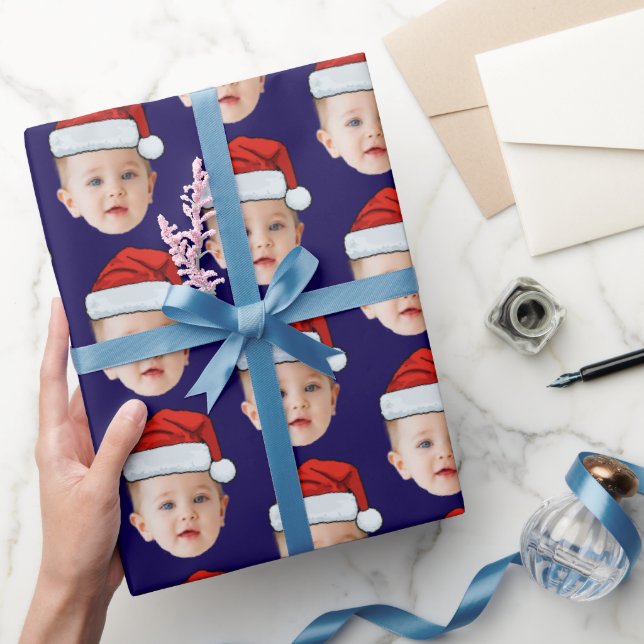 Custom Baby Head Face Photo Santa Hat Xmas Blue Wrapping Paper (Gifting)
