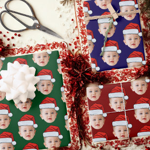 Custom Baby Head Face Photo Santa Hat Xmas Wrapping Paper Sheet